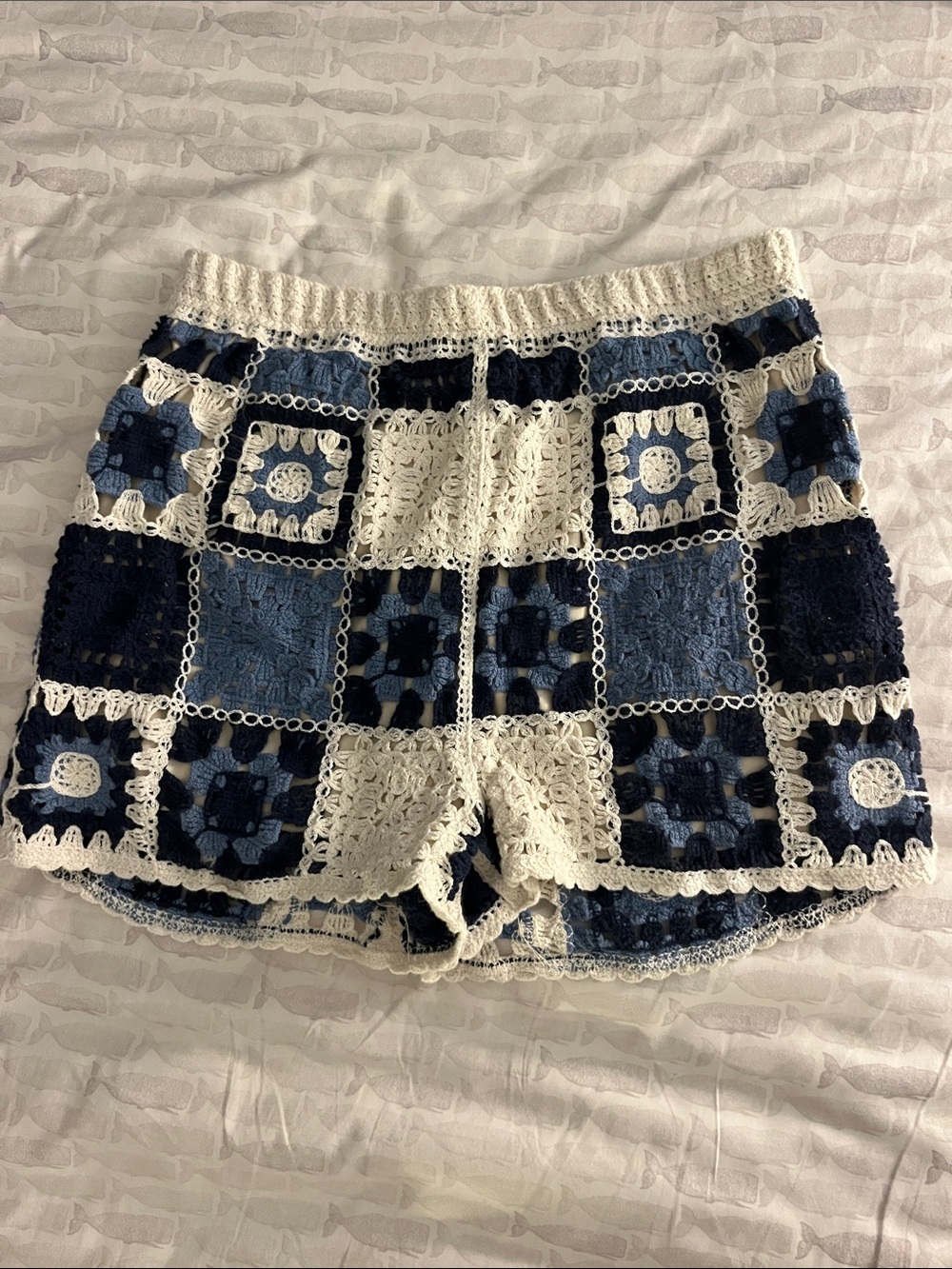 Rebellion Crochet Patchwork Shorts in Navy & Cream